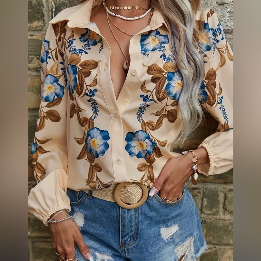 Beige Blue Floral Button-Down Blouse | Long Sleeve Collared Top (Polyester)